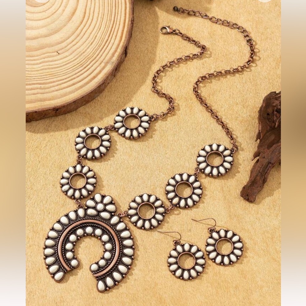 New Southwestern Squash Blossom Naja Faux White Turquoise Howlite Necklace Set